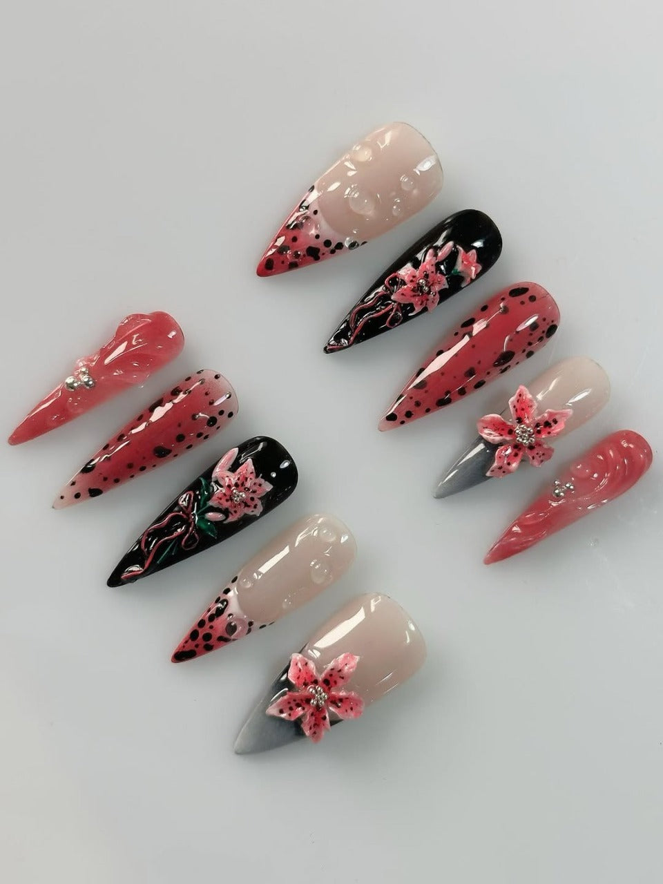 Dark Red Black Lily 3D Floral Polka Dot Stiletto Press On Nails