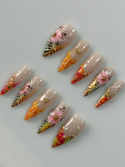 Tropical Hibiscus Seashell Stiletto Press On Nails Art Set