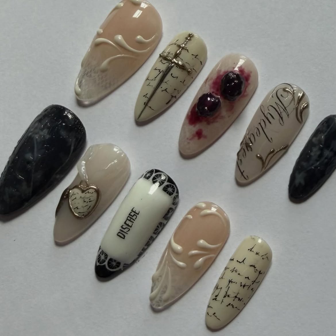 Vintage Gothic Script Cross Design Press On Nail Set