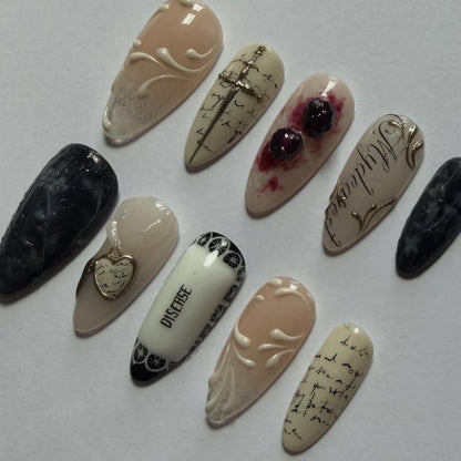Vintage Gothic Script Cross Design Press On Nail Set