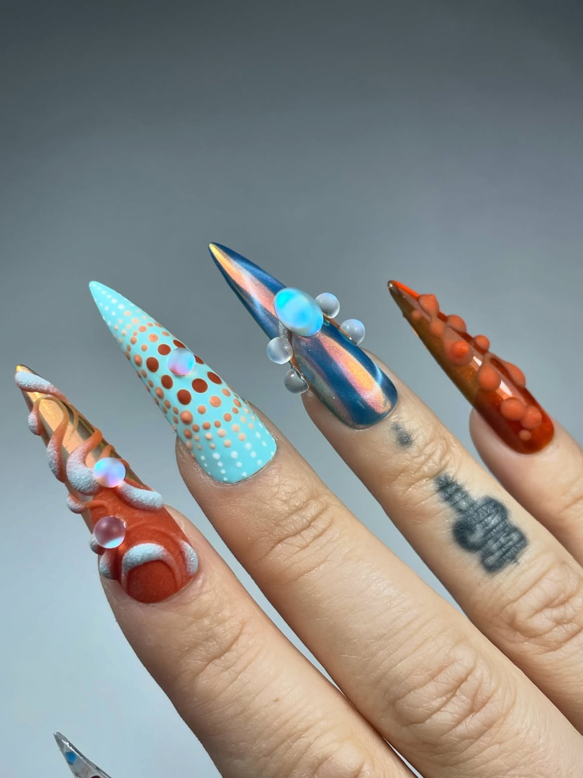 Abstract Retro Chrome Sculptural Stiletto Handmade Press On Nail Set