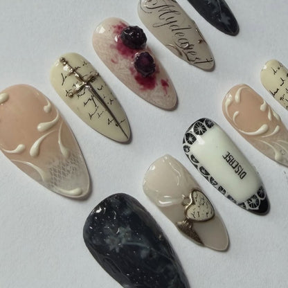 Vintage Gothic Script Cross Design Press On Nail Set