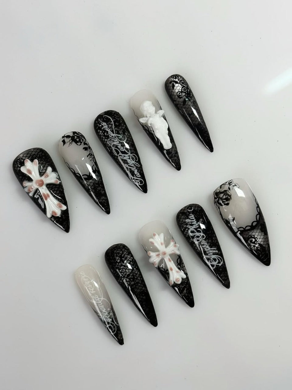 Gothic Cross Cherub Lace Stiletto Press On Nails Set Design