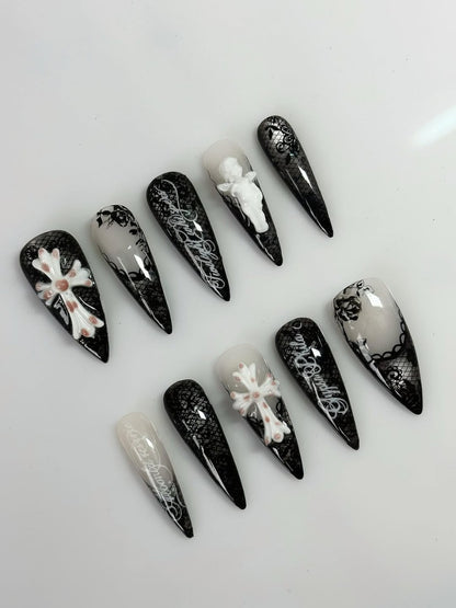 Gothic Cross Cherub Lace Stiletto Press On Nails Set Design