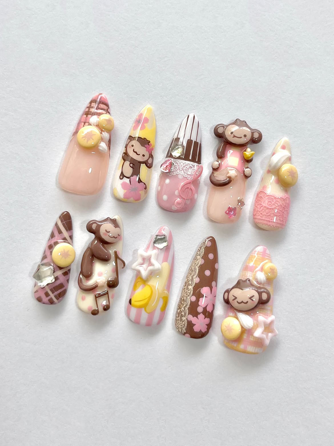 Kawaii Monkey Press On Nails Sweet Dessert Cartoon Charm Art Set