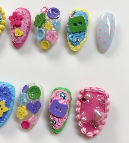 Colorful 3D Button Candy Kidcore Almond Handmade Press On Nails