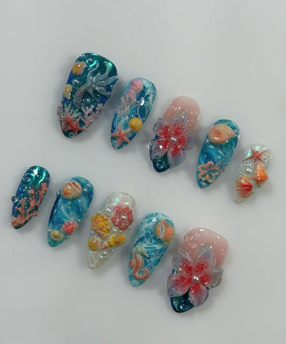 Luxury 3D Mermaid Ocean Shell Flower Almond Handmade Press On Nails