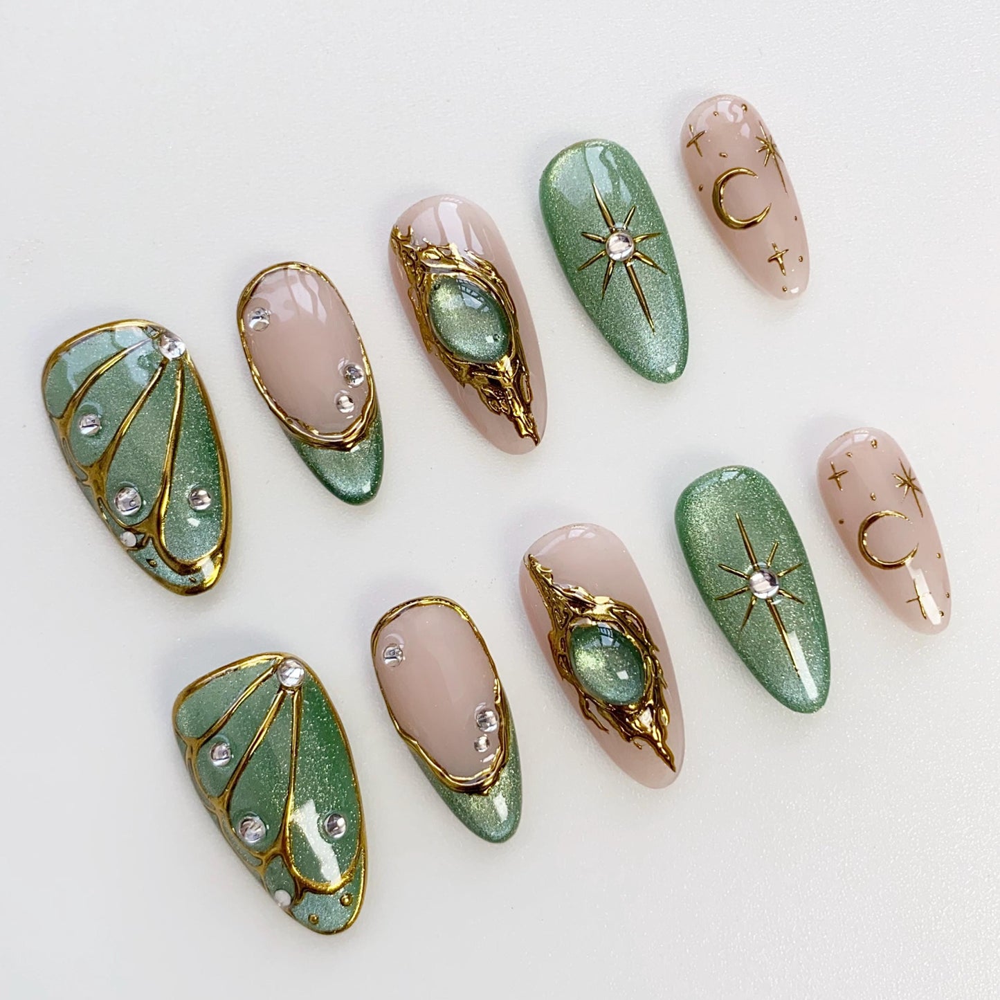 Elegant Green and Gold Press On Nails with Celestial Design