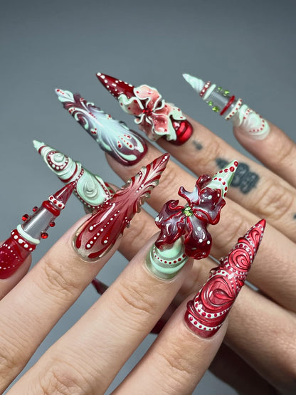 Luxury Sculptural Red Floral Stiletto Hand Painted Press On Nail Set