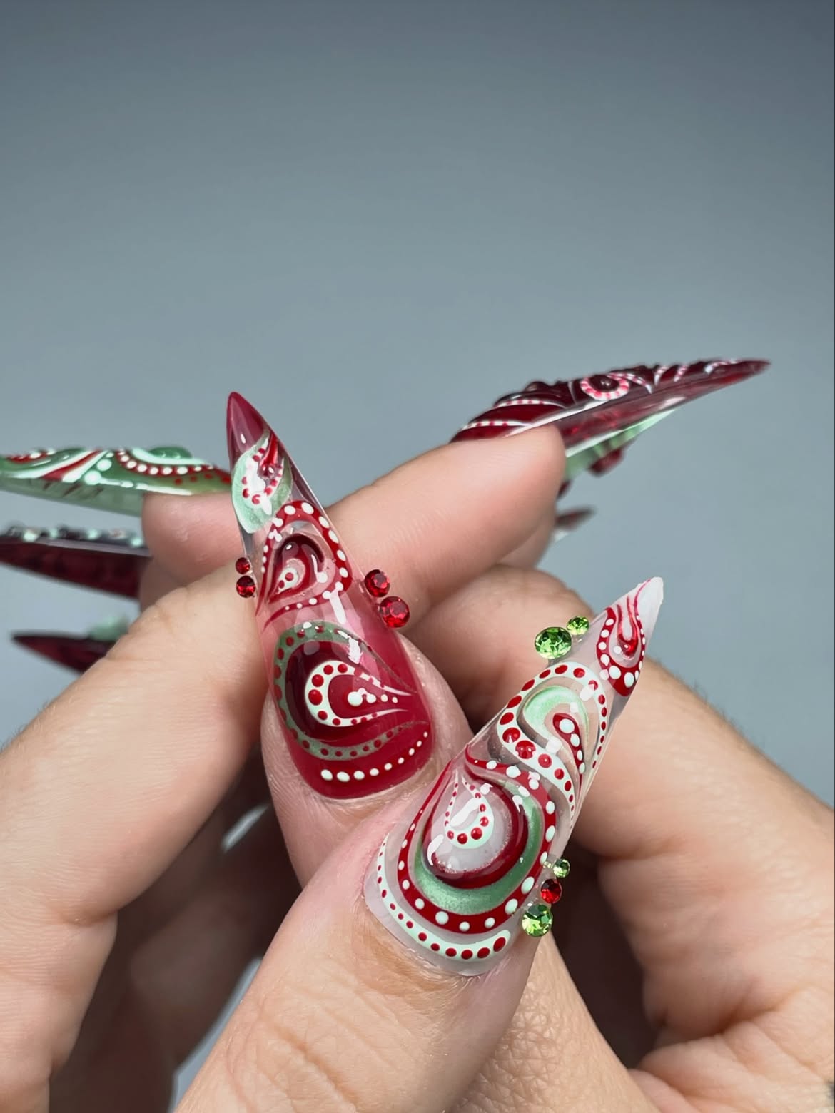 Luxury Sculptural Red Floral Stiletto Hand Painted Press On Nail Set