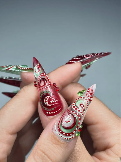 Luxury Sculptural Red Floral Stiletto Hand Painted Press On Nail Set