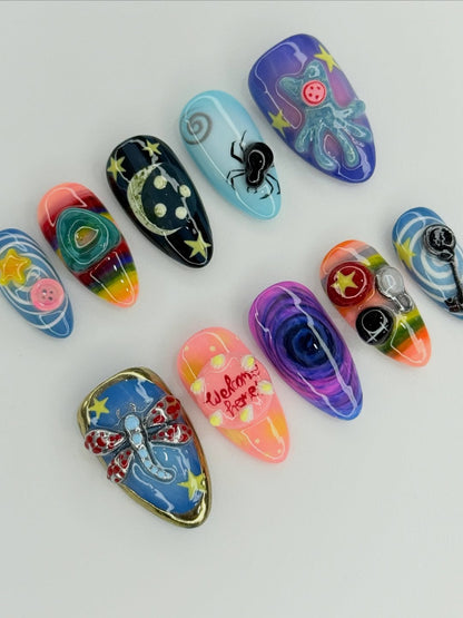 Whimsical Galaxy Creatures Almond Press On Nails Handmade Set