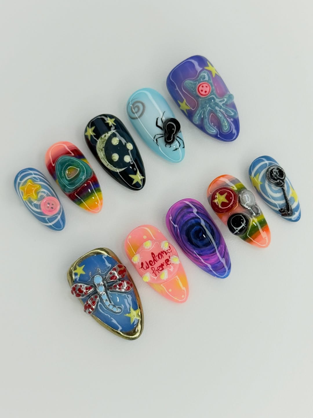 Whimsical Galaxy Creatures Almond Press On Nails Handmade Set