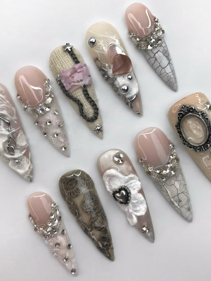 Vintage Lace Press On Nail Set Grey Chrome Heart Baroque Style