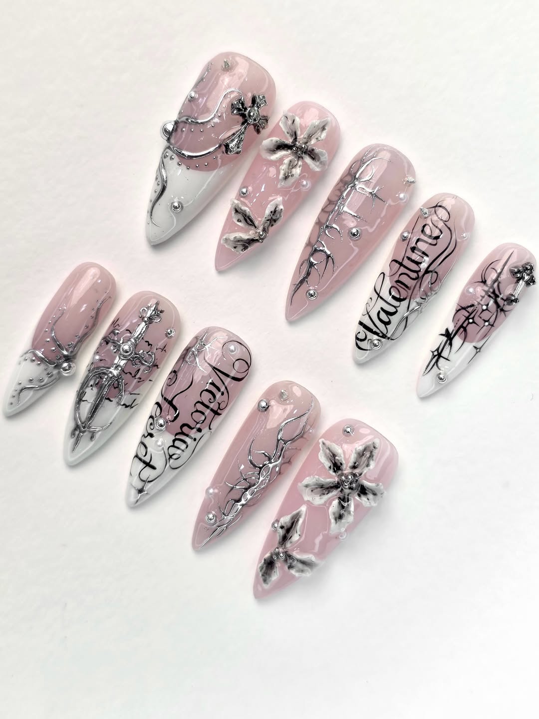 Pink Gothic Cross Stiletto Press On Nails Handmade Luxury Set