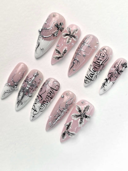Pink Gothic Cross Stiletto Press On Nails Handmade Luxury Set