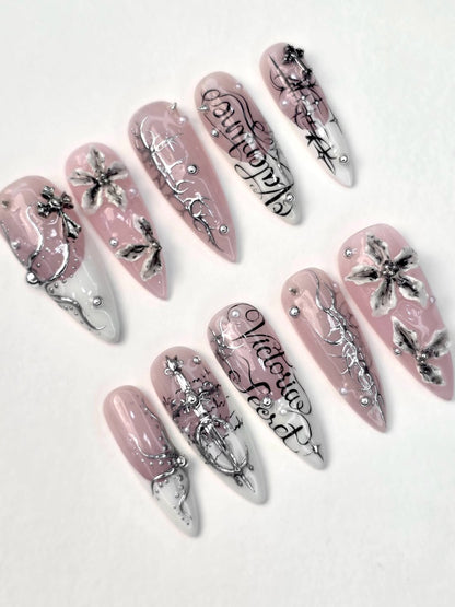 Pink Gothic Cross Stiletto Press On Nails Handmade Luxury Set