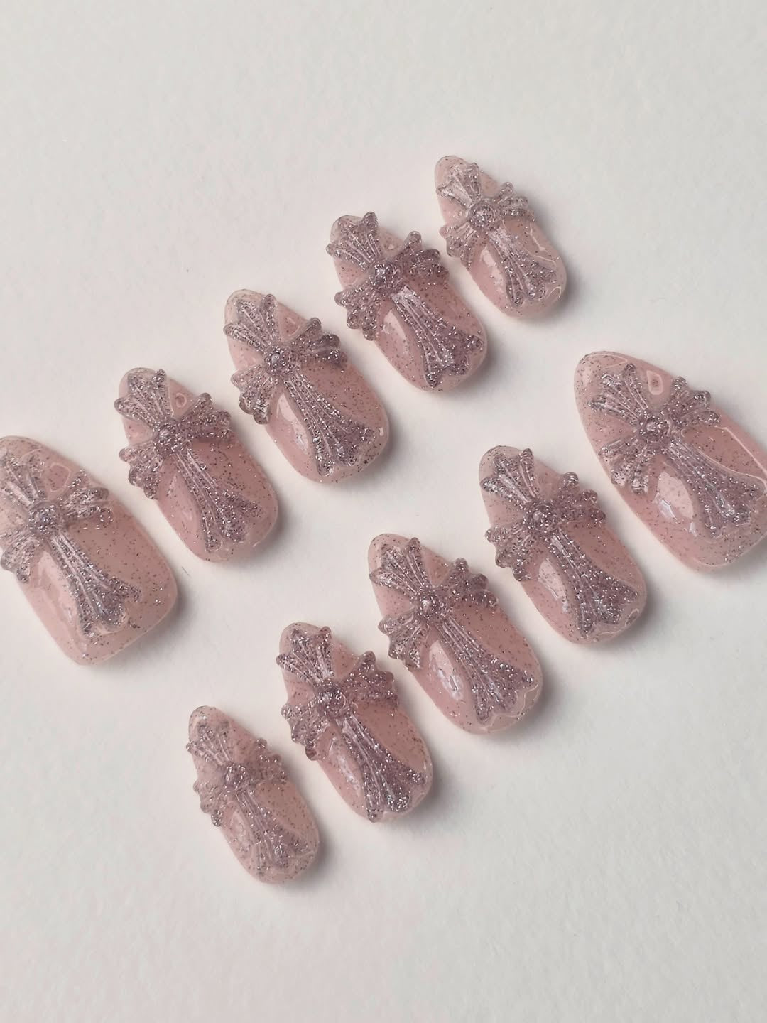 Pink Glitter Cross Gothic Almond Press On Nails Set