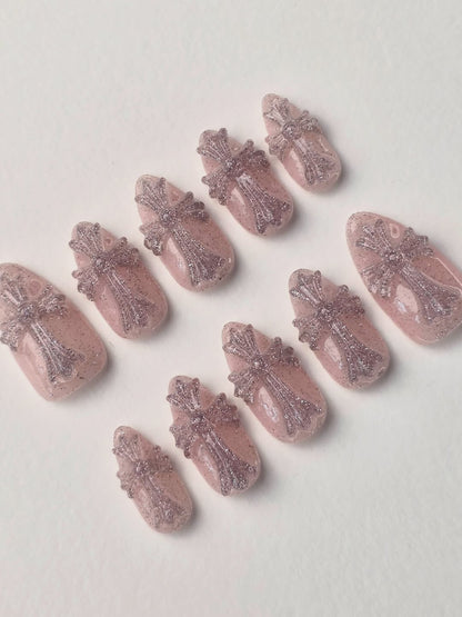 Pink Glitter Cross Gothic Almond Press On Nails Set