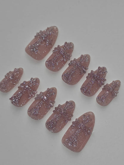 Pink Glitter Cross Gothic Almond Press On Nails Set
