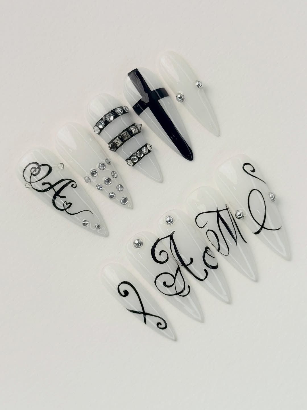 Black White Gothic Script Stiletto Press On Nails Set
