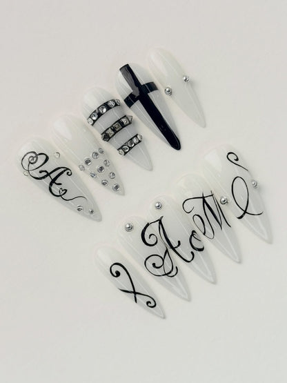 Black White Gothic Script Stiletto Press On Nails Set