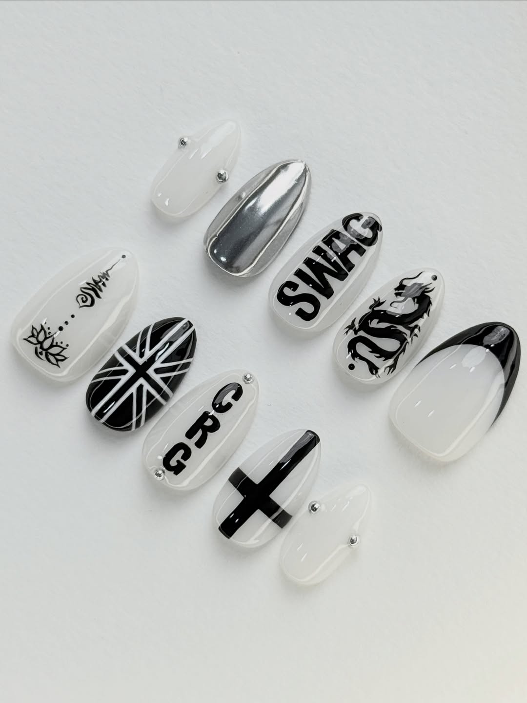 Black White Dragon Script Stiletto Press On Nails Set