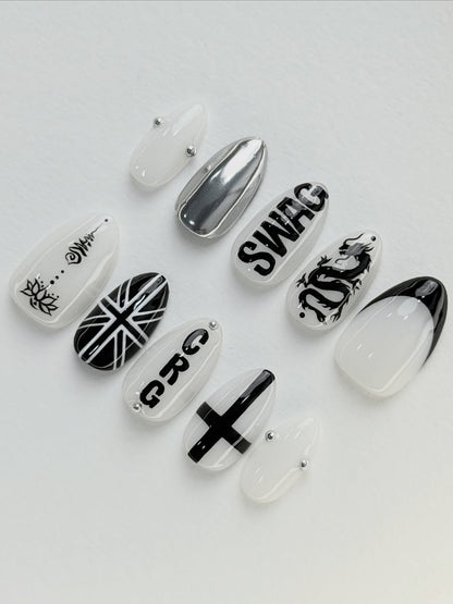 Black White Dragon Script Stiletto Press On Nails Set
