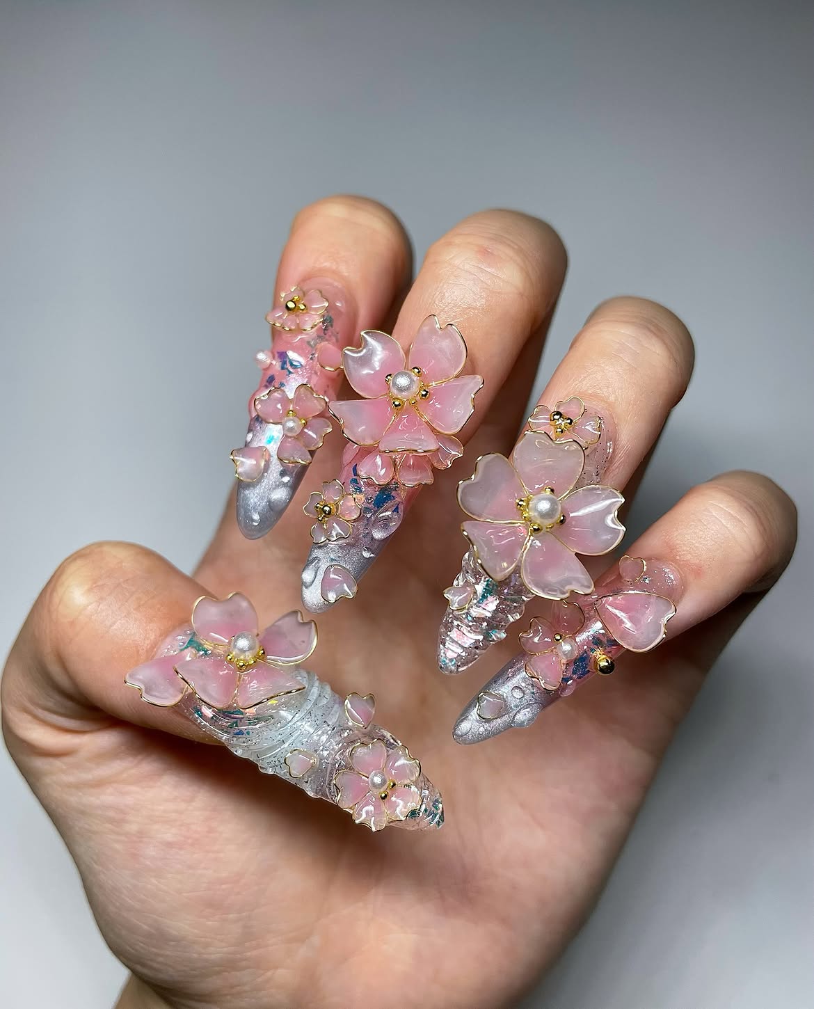 3D Sakura Floral Luxury Chrome Handmade Press On Nail Set