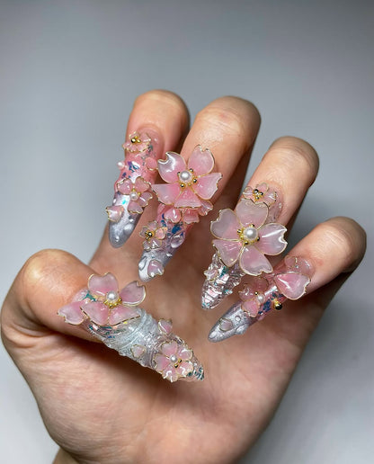 3D Sakura Floral Luxury Chrome Handmade Press On Nail Set