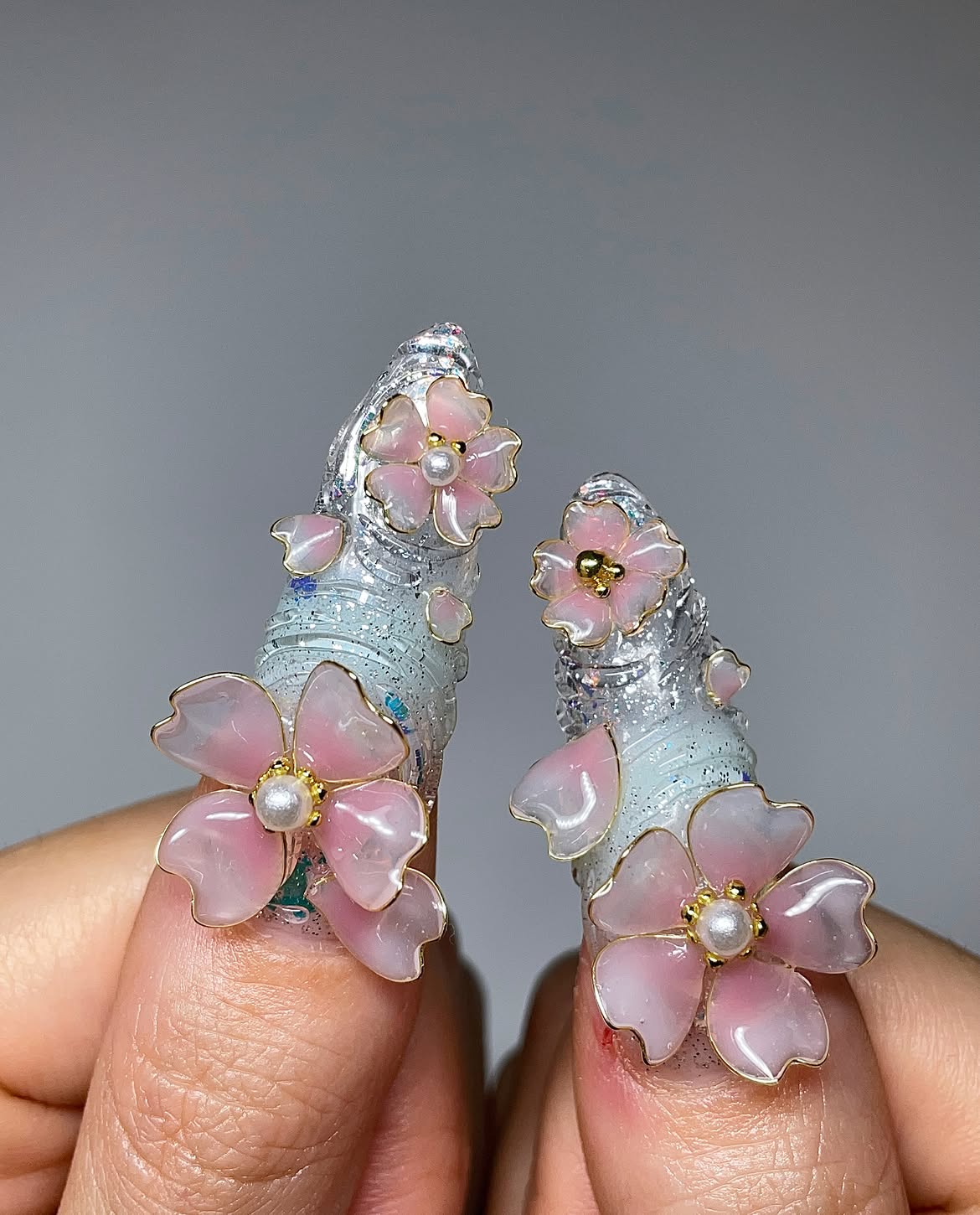 3D Sakura Floral Luxury Chrome Handmade Press On Nail Set