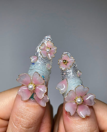 3D Sakura Floral Luxury Chrome Handmade Press On Nail Set