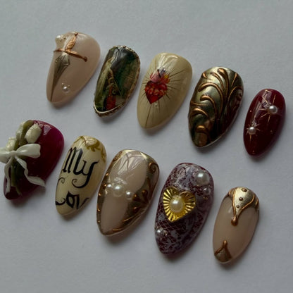 Vintage Romantic Sacred Heart Press On Nail Art Set