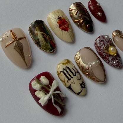 Vintage Romantic Sacred Heart Press On Nail Art Set