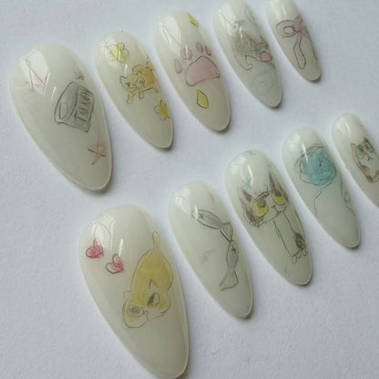 Cute Cat Sketch Handmade Kawaii Press On Nail Set