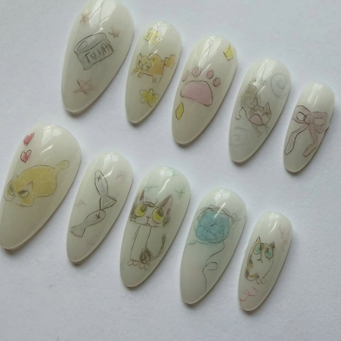 Cute Cat Sketch Handmade Kawaii Press On Nail Set