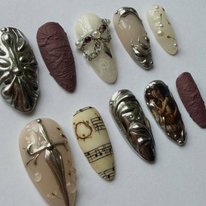 Gothic Baroque Chrome Handmade Artistic Press On Nail Set
