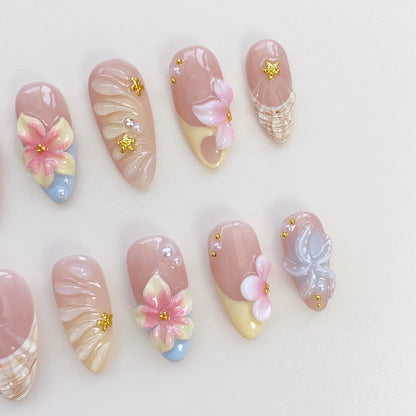 Floral Seashell 3D Press On Nails with Star Accents