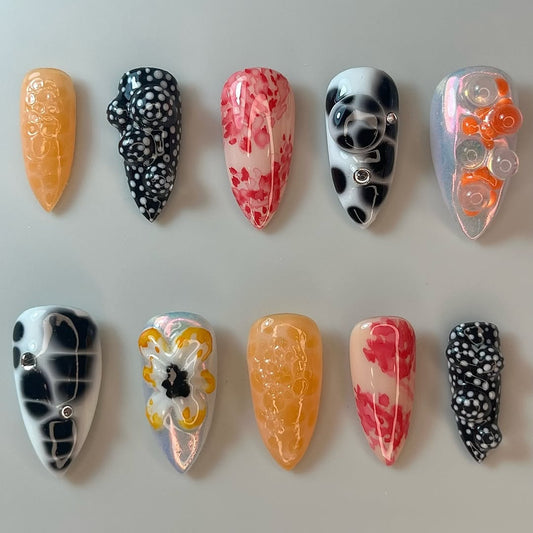 Abstract Art Press On Nails with 3D Floral and Bubble Texture Details
