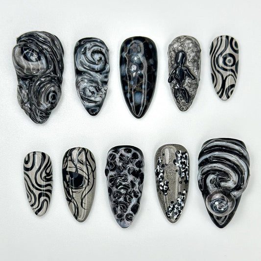 Abstract Black Chrome Swirl 3D Press On Nails