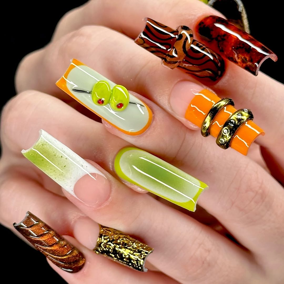 Abstract Earth Tone Press On Nail Set Modern Sculpted Design