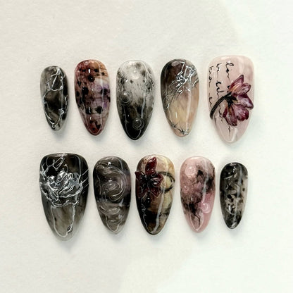 Abstract Floral Stiletto Press On Nails Artistic Design