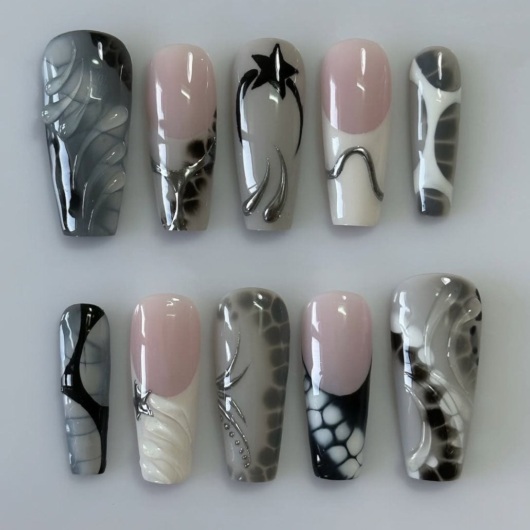 Abstract Monochrome Press On Nails Nude Gray Modern Art
