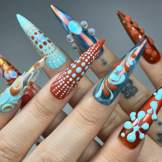 Abstract Retro Chrome Sculptural Stiletto Handmade Press On Nail Set