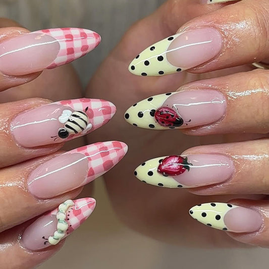 Adorable 3D Bug Fruit Plaid Press On Nail Set