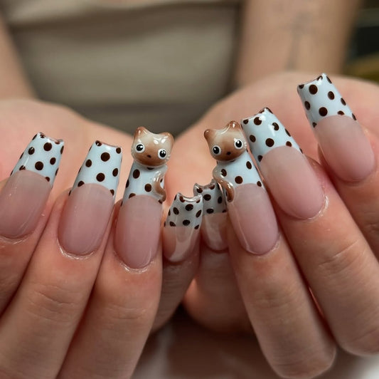 Adorable 3D Cat Polka Dot Long Square French Tip Press On Nails