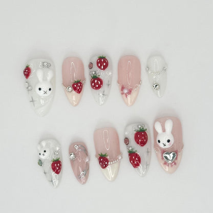 Adorable Bunny Strawberry Press-On Nail Set.