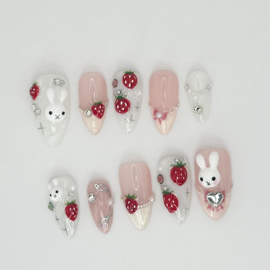 Adorable Bunny Strawberry Press-On Nail Set.