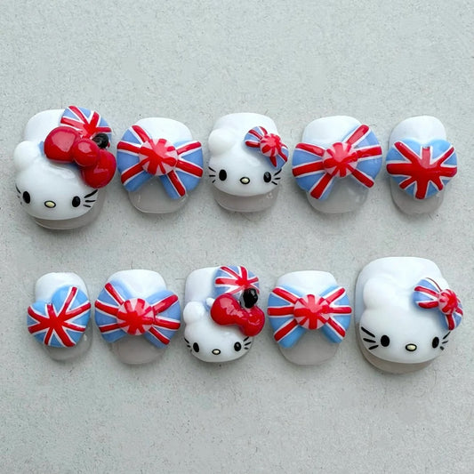 Adorable Union Jack Hello Kitty Press On Nails