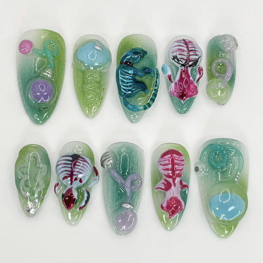 Alien 3D Press-On Nails, Green Fantasy Set